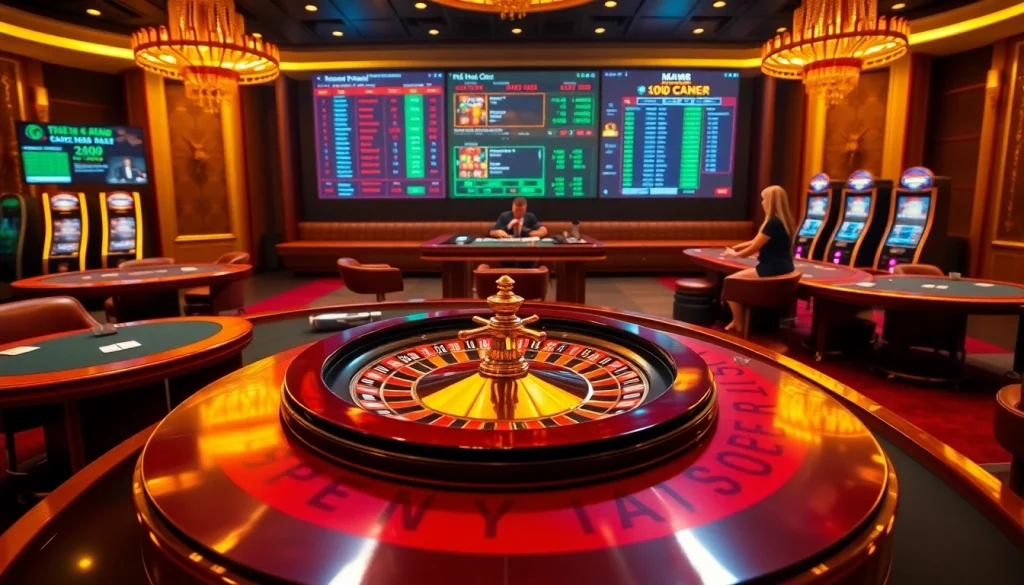 Exciting gameplay at nhà cái Man88 with vibrant roulette and poker tables in an upscale casino.