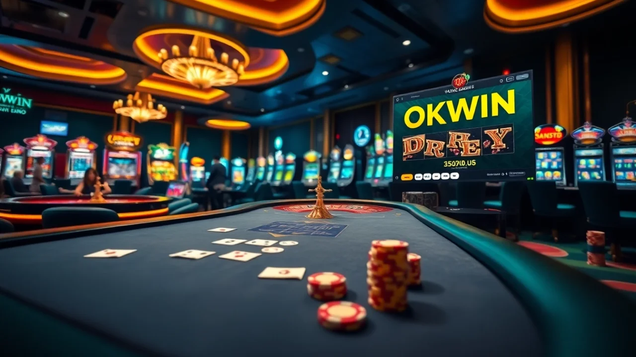 Witness the excitement of casino gaming with OKWIN, featuring vibrant slot machines and engaging table games.