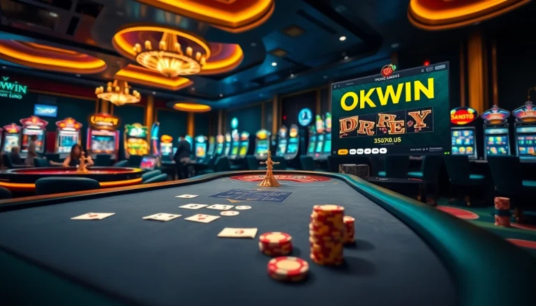 Witness the excitement of casino gaming with OKWIN, featuring vibrant slot machines and engaging table games.