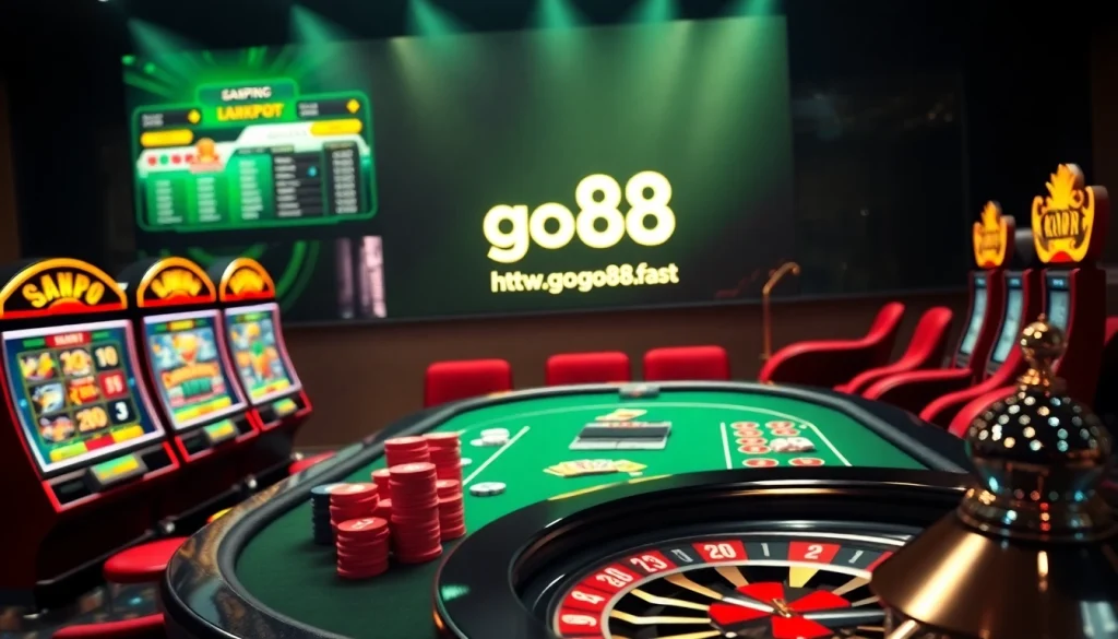 Experience thrilling gameplay at https://go88.fast/ with a luxurious poker setup and vibrant slot machines.
