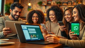 在一家舒适的咖啡馆使用 WhatsApp Web 与朋友互动，展示快连官网的界面。