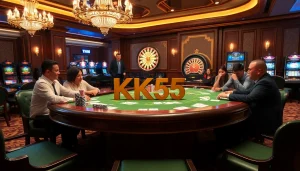 Players at the KK55 poker table with vibrant chip stacks and cards in a luxurious casino.