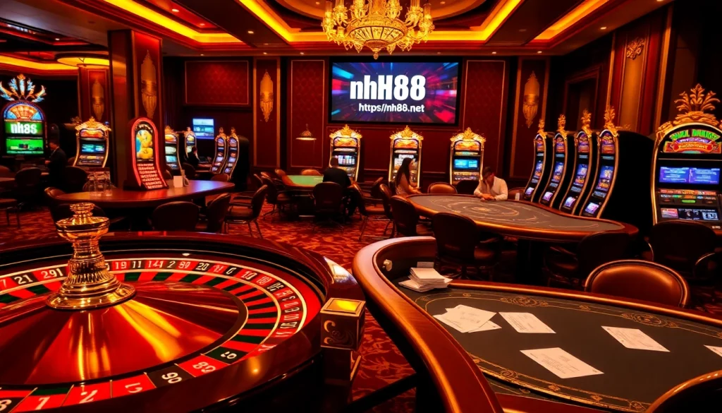 An exciting gambling scene featuring vibrant roulette and poker game action at https://nh88.net/, showcasing casino luxury.