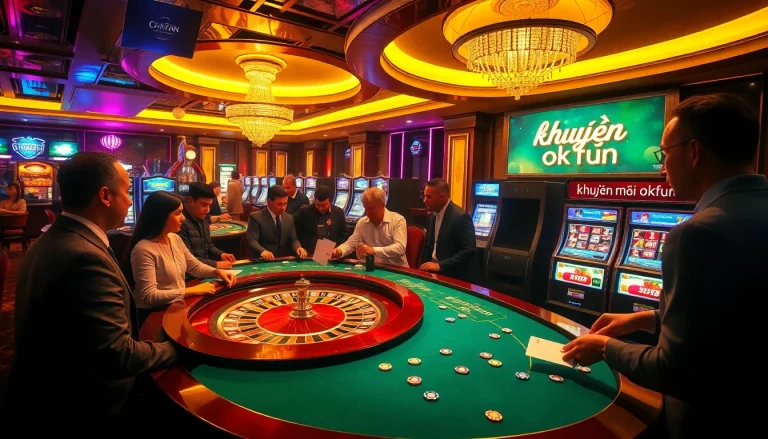 Exciting gambling scene highlighting khuyến mãi okfun promotions at casino tables and slot machines.