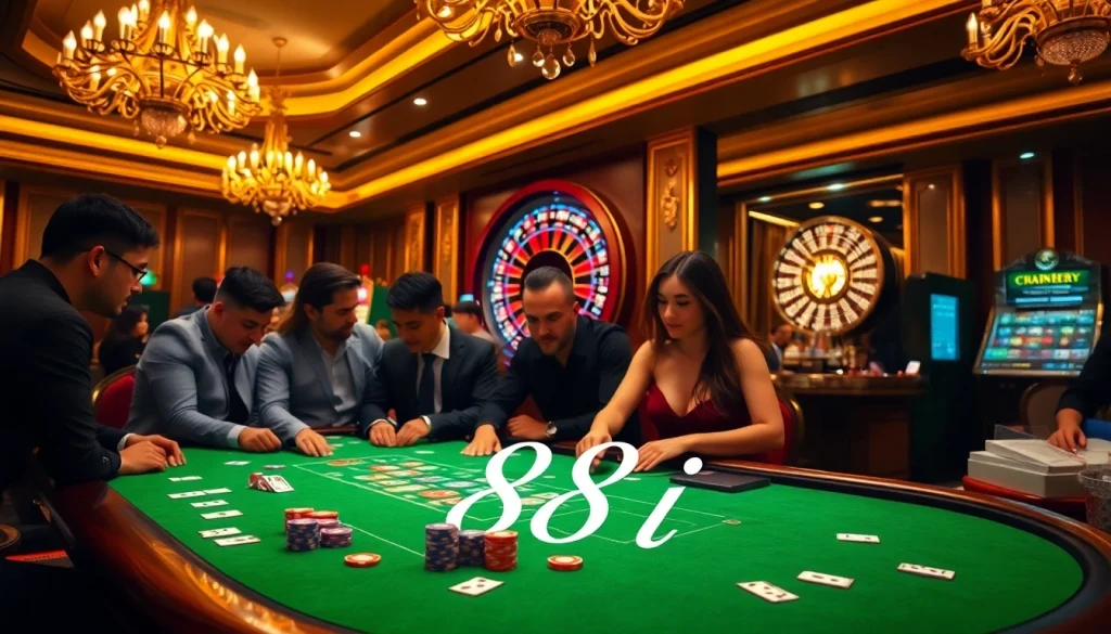 Players enjoy a thrilling poker game at a casino table featuring 88i chips and cards.