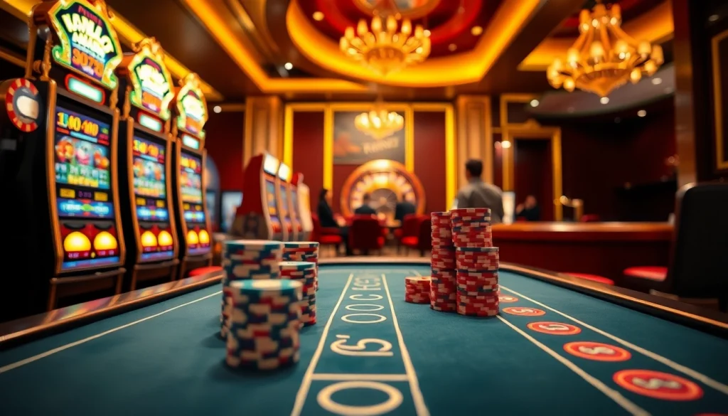 Experience the excitement of slot apiraja88 in a vibrant casino scene filled with games and cheerful players.