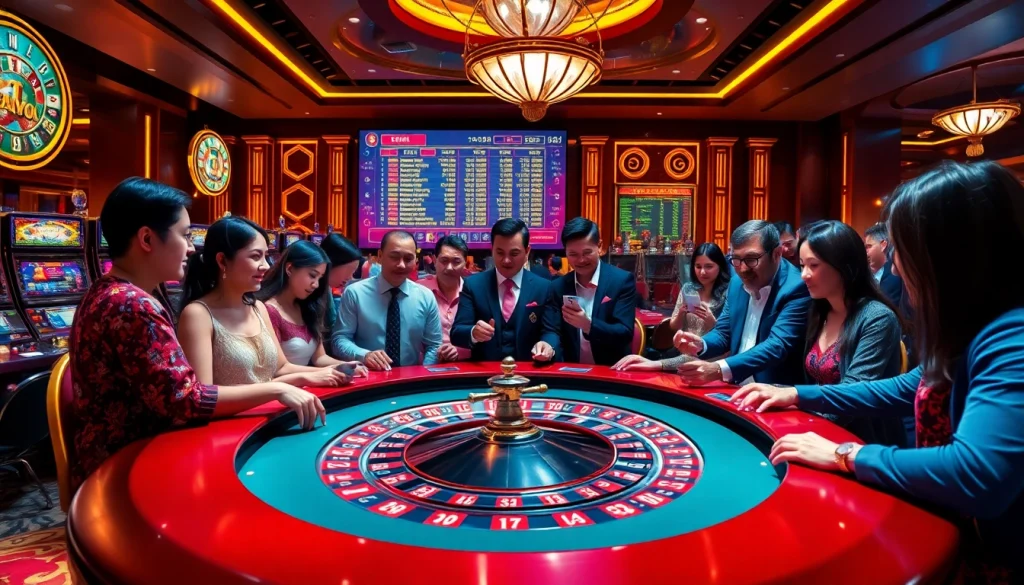 Exciting casino scene showcasing data china statistics with gamblers at a roulette table.