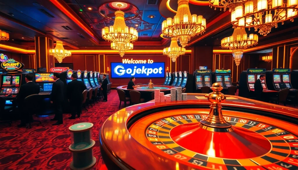 Experience luxury gambling at Gojekpot with vibrant slot machines and poker tables.