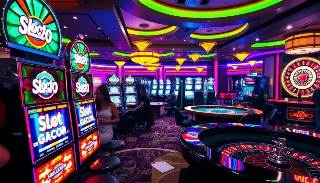 Experience the thrill of slot gacor play in a vibrant casino with colorful machines and excited gamblers.