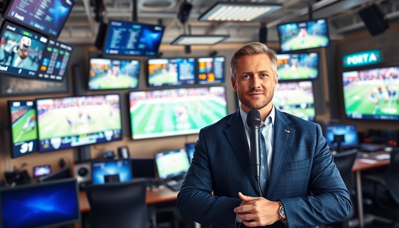 Engaging sports broadcasting moment captured in a professional studio setup.