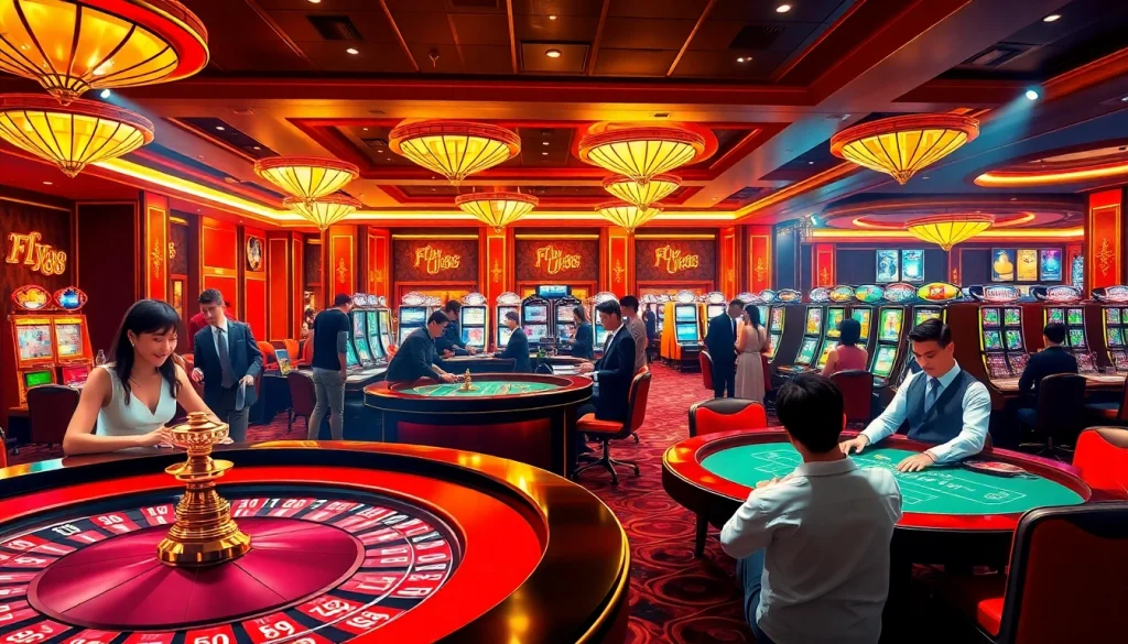 Experience the excitement of gambling at FLY88's luxurious casino floor with vibrant gaming tables.
