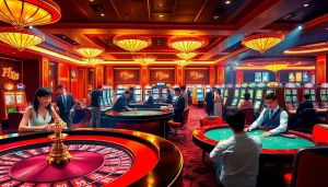 Experience the excitement of gambling at FLY88's luxurious casino floor with vibrant gaming tables.