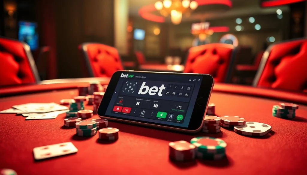 Thu hút người dùng bằng ứng dụng Bet VIP trong một bối cảnh casino đầy hấp dẫn, được bao quanh bởi các chip poker và lá bài.