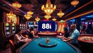 Exciting scene of 88i casino with vibrant games, players enjoying thrilling bets and colorful atmosphere.