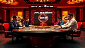 Engage in a high-stakes poker game at https://bem88i.com/ with luxurious details and vibrant atmosphere.
