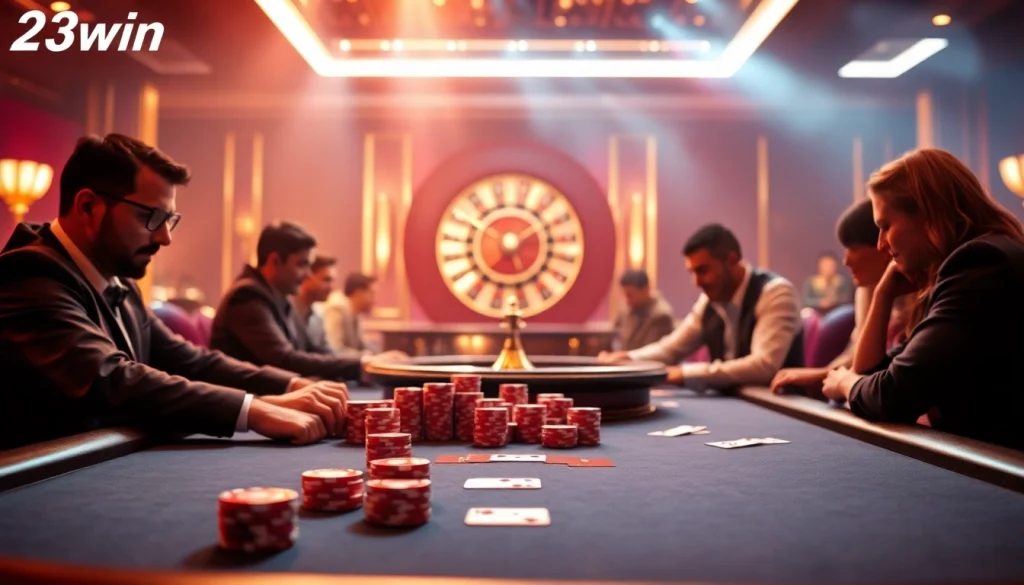 Exciting poker game on the 23win platform showcasing vibrant colors, chips, and cards.