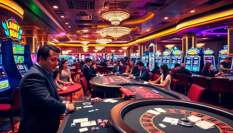 Players enjoying a thrilling night at 88i casino with bright lights and vibrant games.