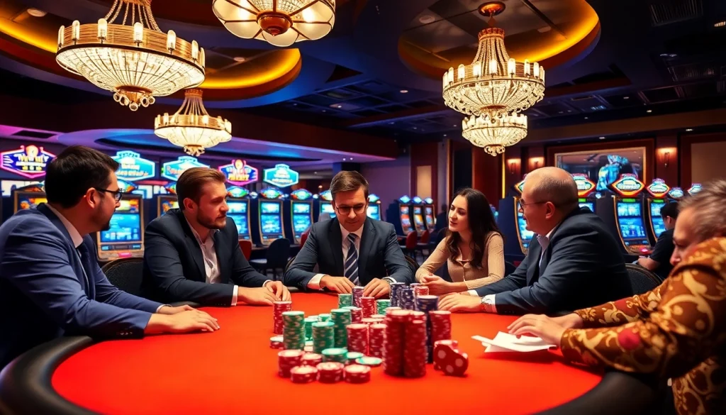 Experienced migration agent Melbourne advising gamblers at a lively poker table.