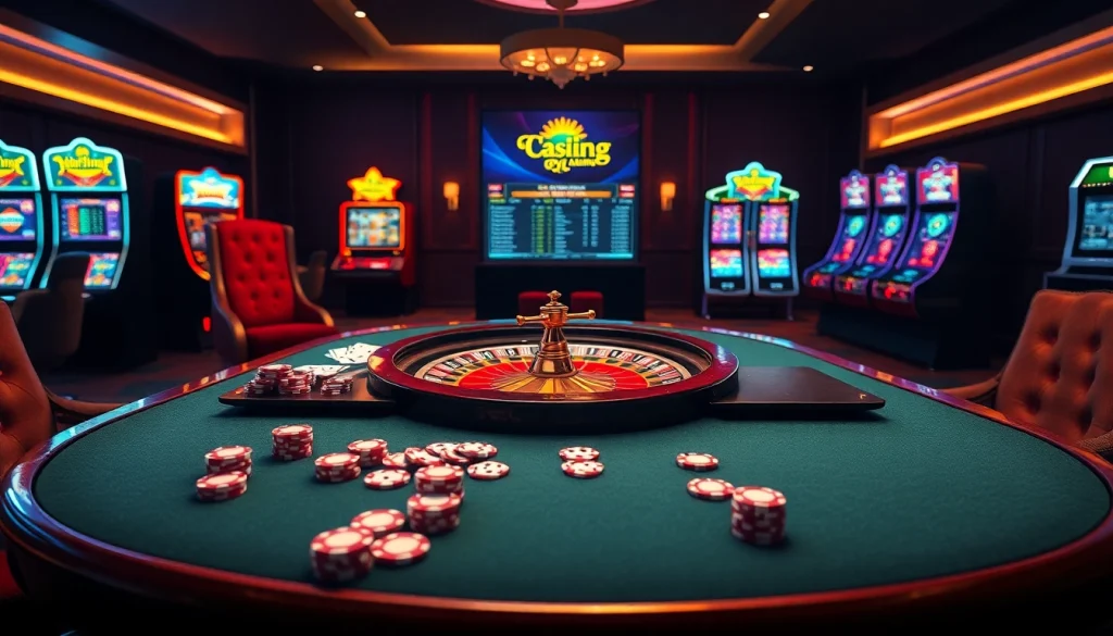 A vibrant casino scene with an online interface related to https://789club.quest/, showcasing poker chips and slot machines.