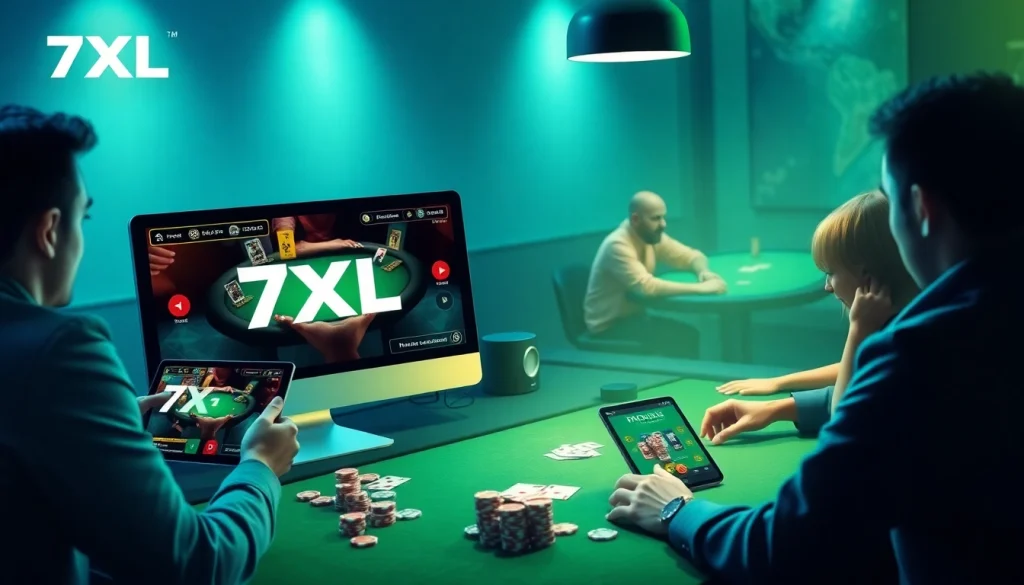 הדמיה ויזואלית של אפליקציית 7xl להורדה המדגישה את ההתרגשות בפוקר אונליין עם שחקנים על מכשירים דיגיטליים.
