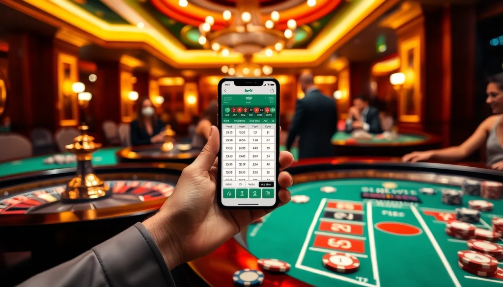 Đặt cược bằng ứng dụng Bet VIP và tận hưởng không gian casino sang trọng với chip poker và bàn roulette.