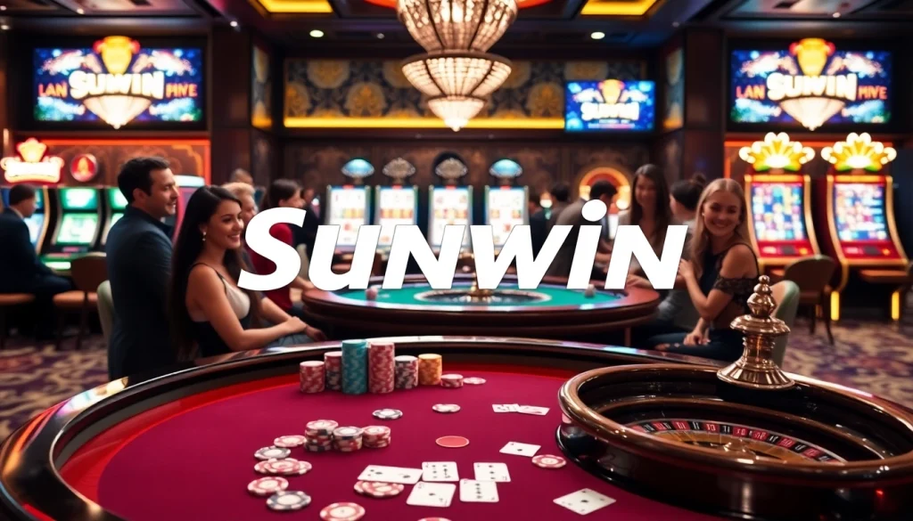 Engage with Sunwin's thrilling casino experience, showcasing dynamic poker games and vibrant slot machines.