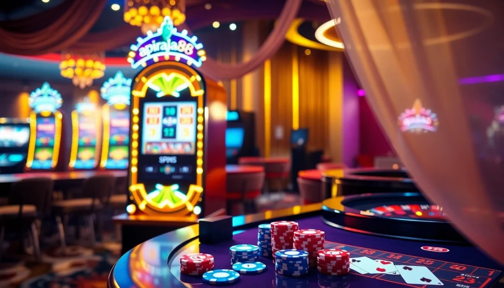 Engaging scene of slot apiraja88 with vibrant lights and casino activity