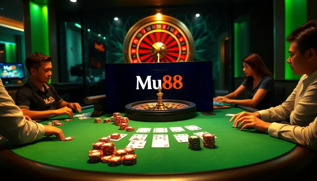 Mu88 casino players strategizing at a vibrant gaming table with roulette and blackjack.