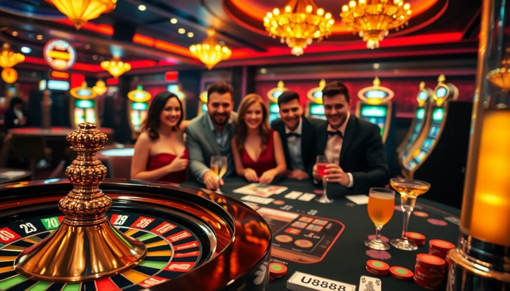 Players engaging in exhilarating gameplay at U8888 casino, surrounded by vibrant slot machines and poker tables.