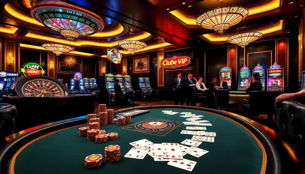 Experience luxury in the Clube VIP HHBET casino with high-stakes gambling tables and vibrant slot machines.