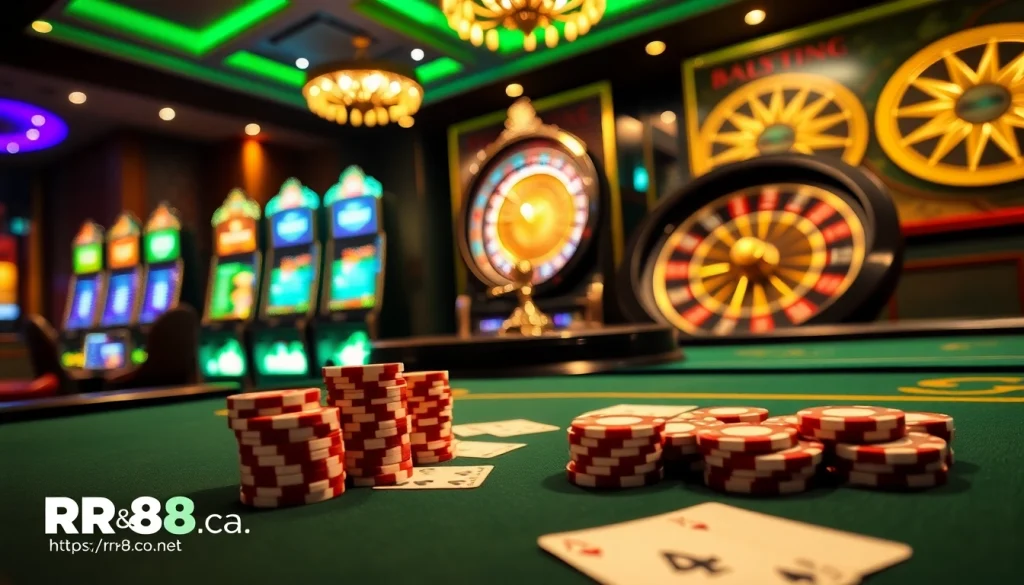 Experience high-stakes gaming at https://rr88co.net/ with an elegant poker table and vibrant slot machines.