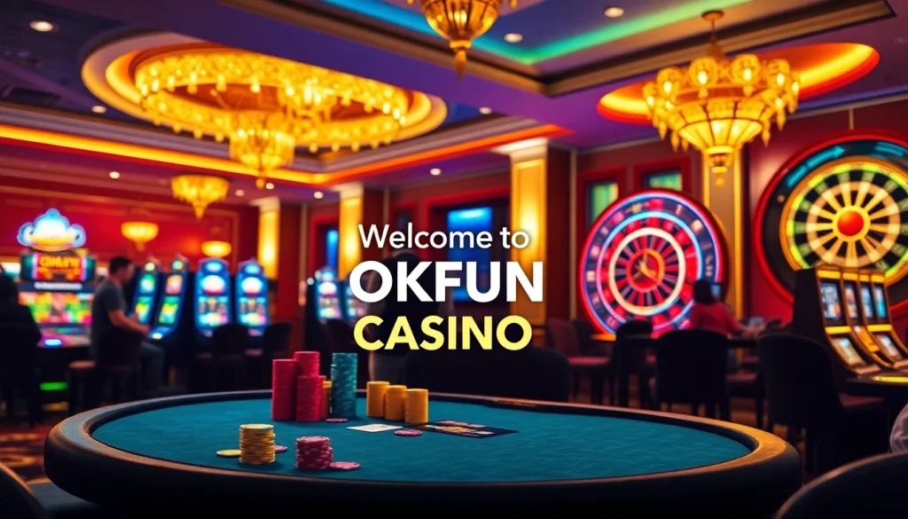 Players at the OKFUN casino poker table, showcasing vibrant chips and an exciting atmosphere.