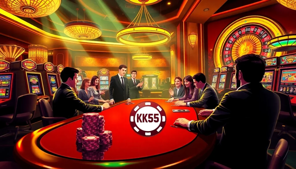 Players celebrate a winning hand at the luxurious KK55 casino poker table, amidst vibrant slot machines.