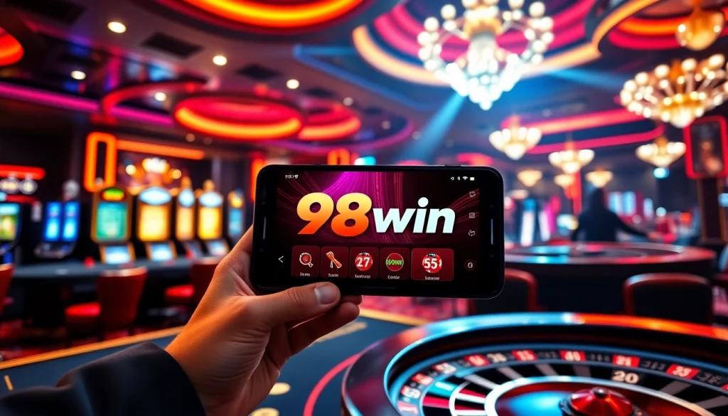 Experience the thrilling app 98win in a luxurious casino environment featuring engaging gaming elements.
