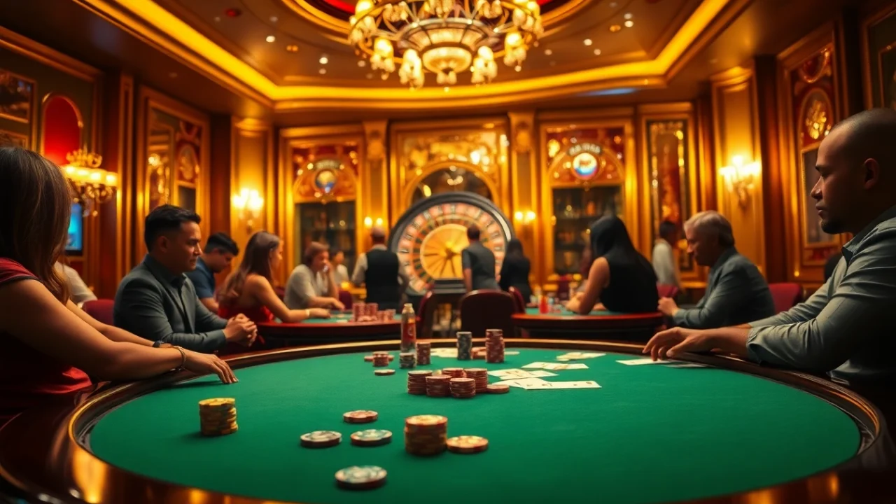 Players engage at a poker table in a vibrant casino scene highlighting 5Z7779 com's thrilling atmosphere.