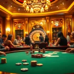 Players engage at a poker table in a vibrant casino scene highlighting 5Z7779 com's thrilling atmosphere.