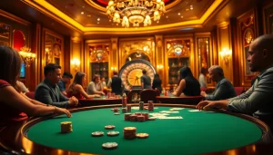 Players engage at a poker table in a vibrant casino scene highlighting 5Z7779 com's thrilling atmosphere.