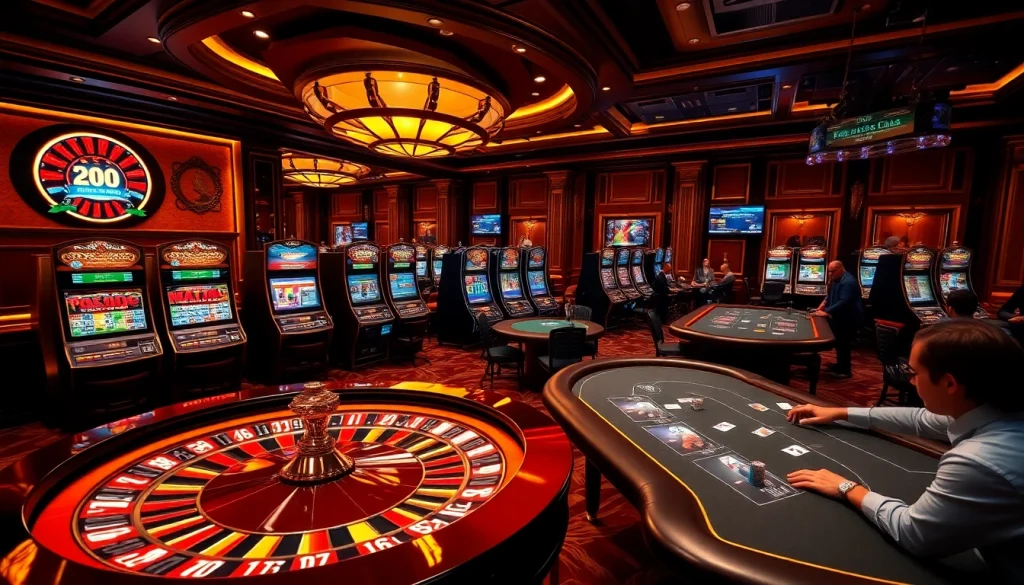 סצנת הימורים אונליין מרתקת המציגה את רמי אונליין עם שולחנות פוקר וגלגלי רולטה.