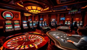 סצנת הימורים אונליין מרתקת המציגה את רמי אונליין עם שולחנות פוקר וגלגלי רולטה.