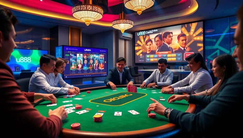 Players enjoying exciting games at u888 online casino with vibrant poker chips and cards.