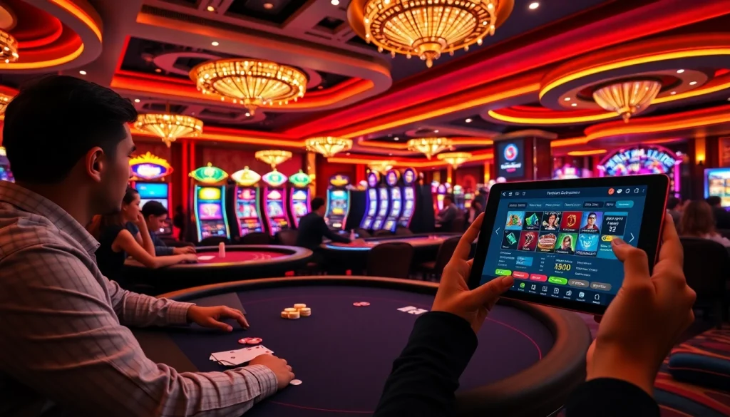 A thrilling casino experience at xx88 with players at gaming tables and vibrant slot machines.