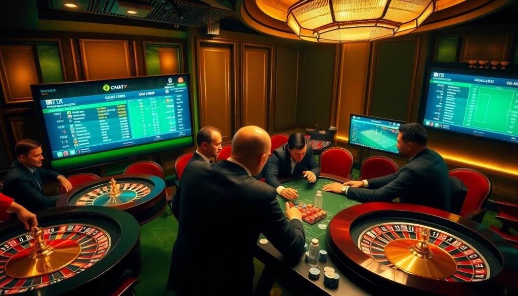 Expert gamblers strategizing techniquesแทงบอล at a luxury sports betting table.