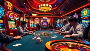 Experience the thrill of 79king with players at a high-stakes poker table amidst vibrant slot machines.