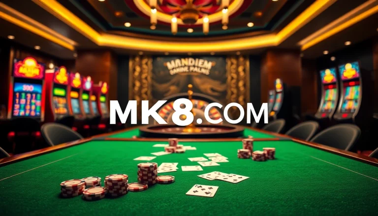 A vibrant casino scene with exciting gameplay elements, highlighting MK8.COM as a premier betting platform.