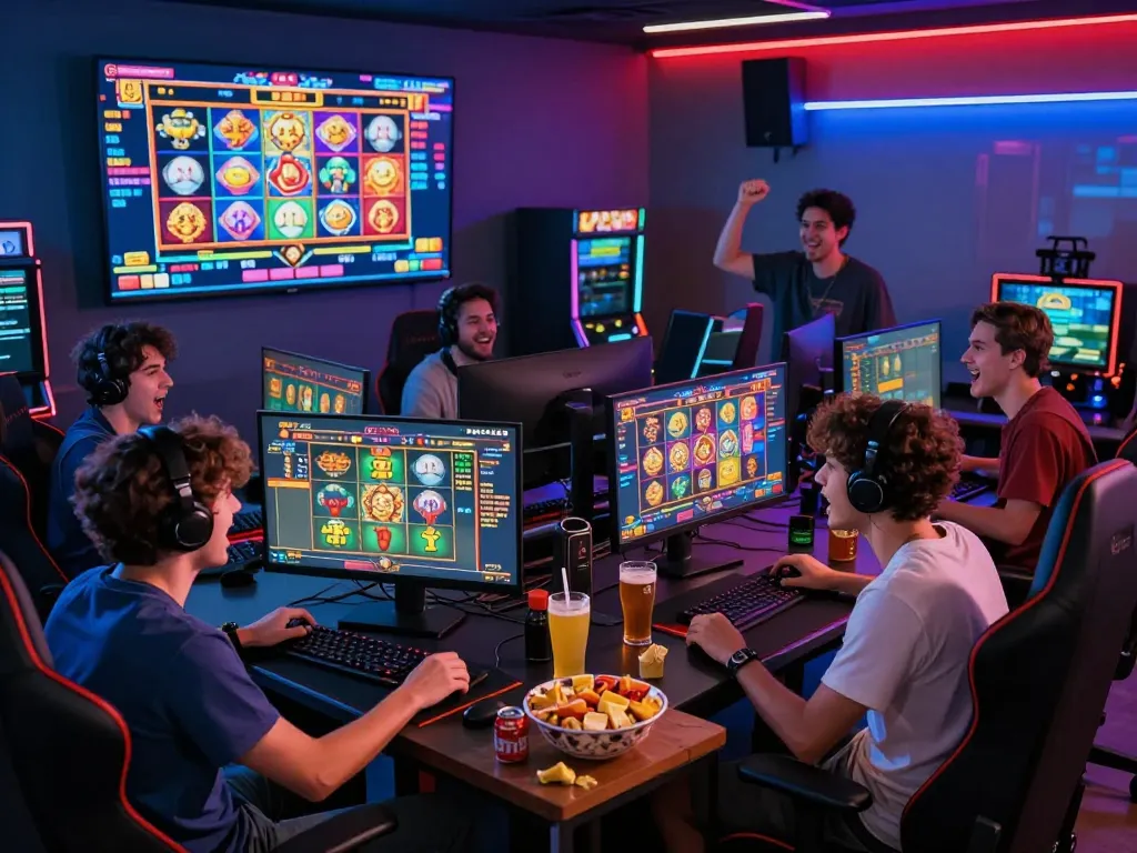 Friends excitedly playing toto slot games in a vibrant gaming room.
