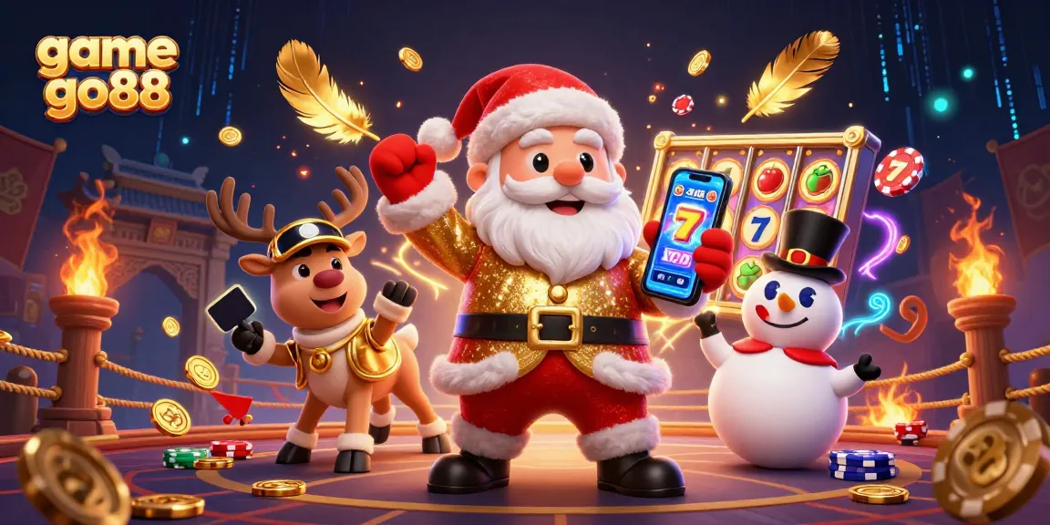 Join the excitement with game go88 as Santa and friends celebrate jackpots in a vibrant casino scene.
