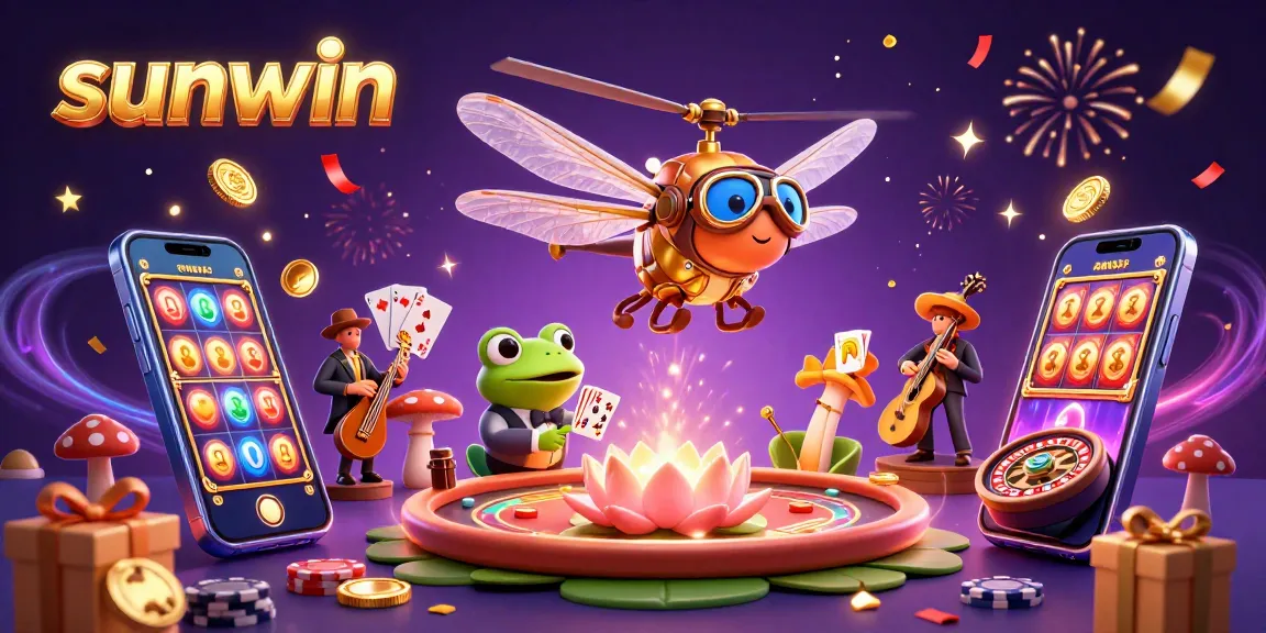 Experience sunwin slots with fun characters in a vibrant 3D casino scene featuring games and festive elements.