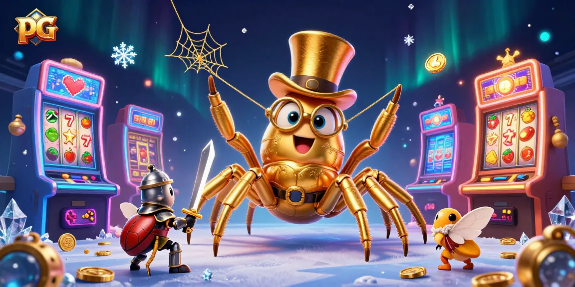 Engage with pg slot gaming as a golden tarantula spins a jackpot web amidst colorful 3D arcade elements.