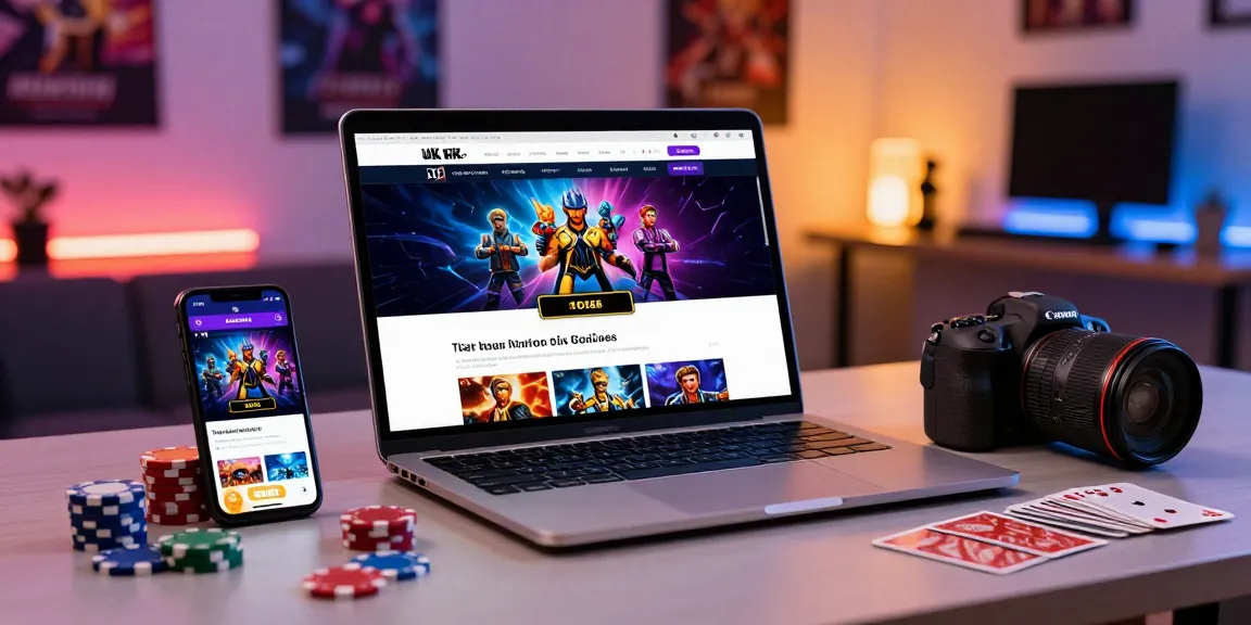 Discovering new UK casino sites with an engaging online setting, showcasing a modern laptop and colorful casino elements.