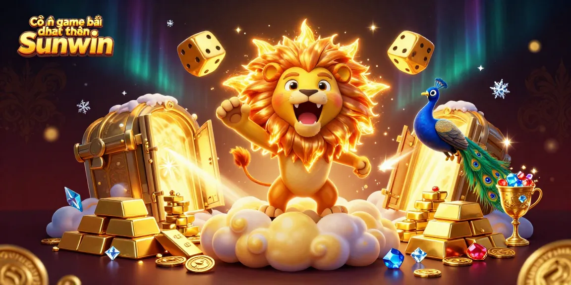 Cổng game bài đổi thưởng Sunwin showcases a brilliant 3D illustration featuring a roaring sun lion, golden dice, and treasure elements.